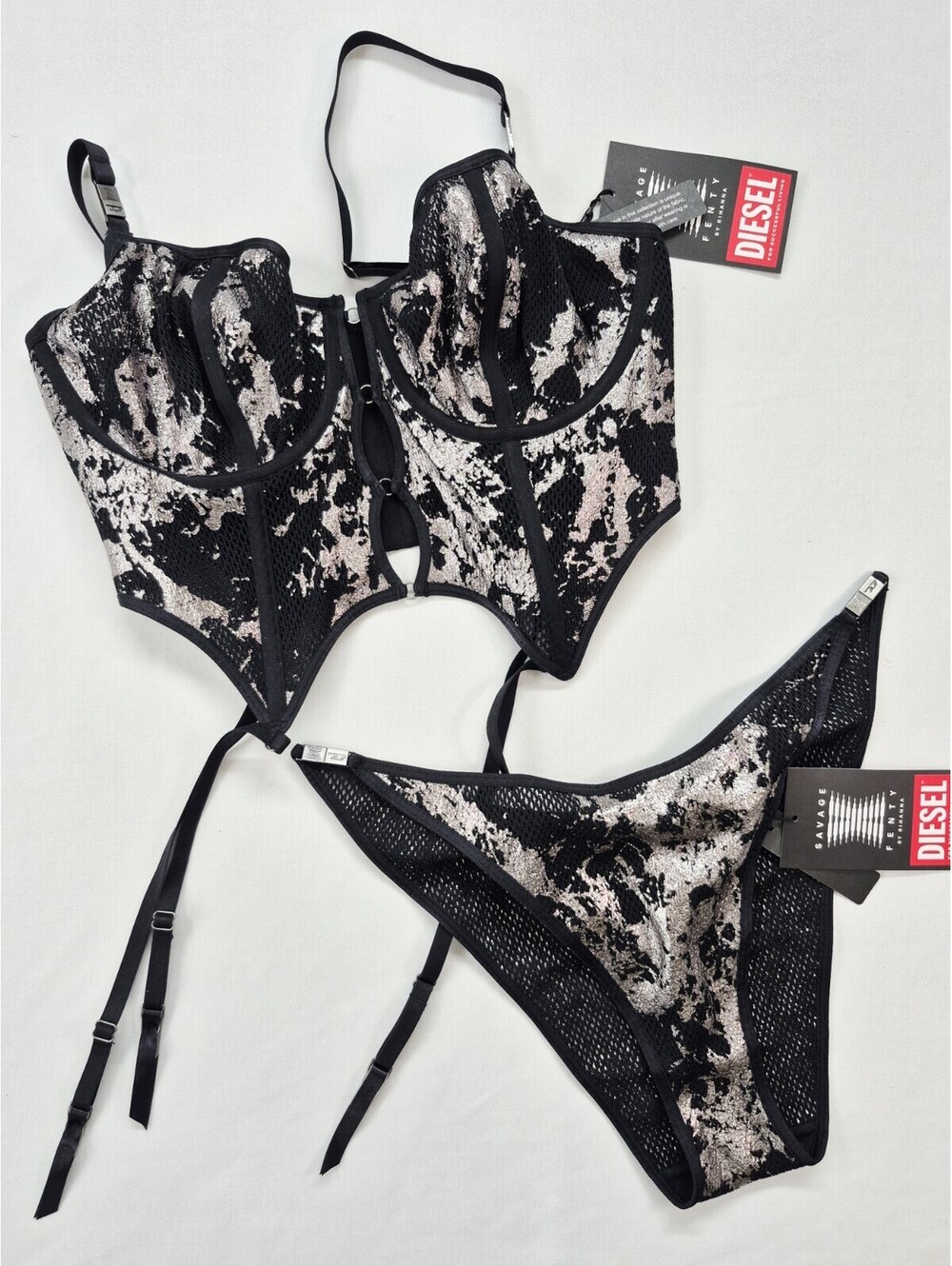 Diesel Savage X Fenty Sz XL Foiled Silver Bustier/Panty black Mesh Design  NWT